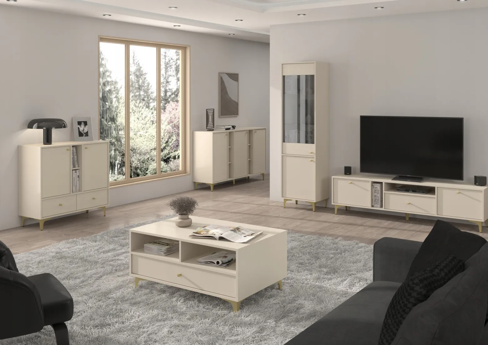 BEŻOWA KOMODA 83 cm AVILA METALOWE ZŁOTE Nogi Uchwyty 2D2S