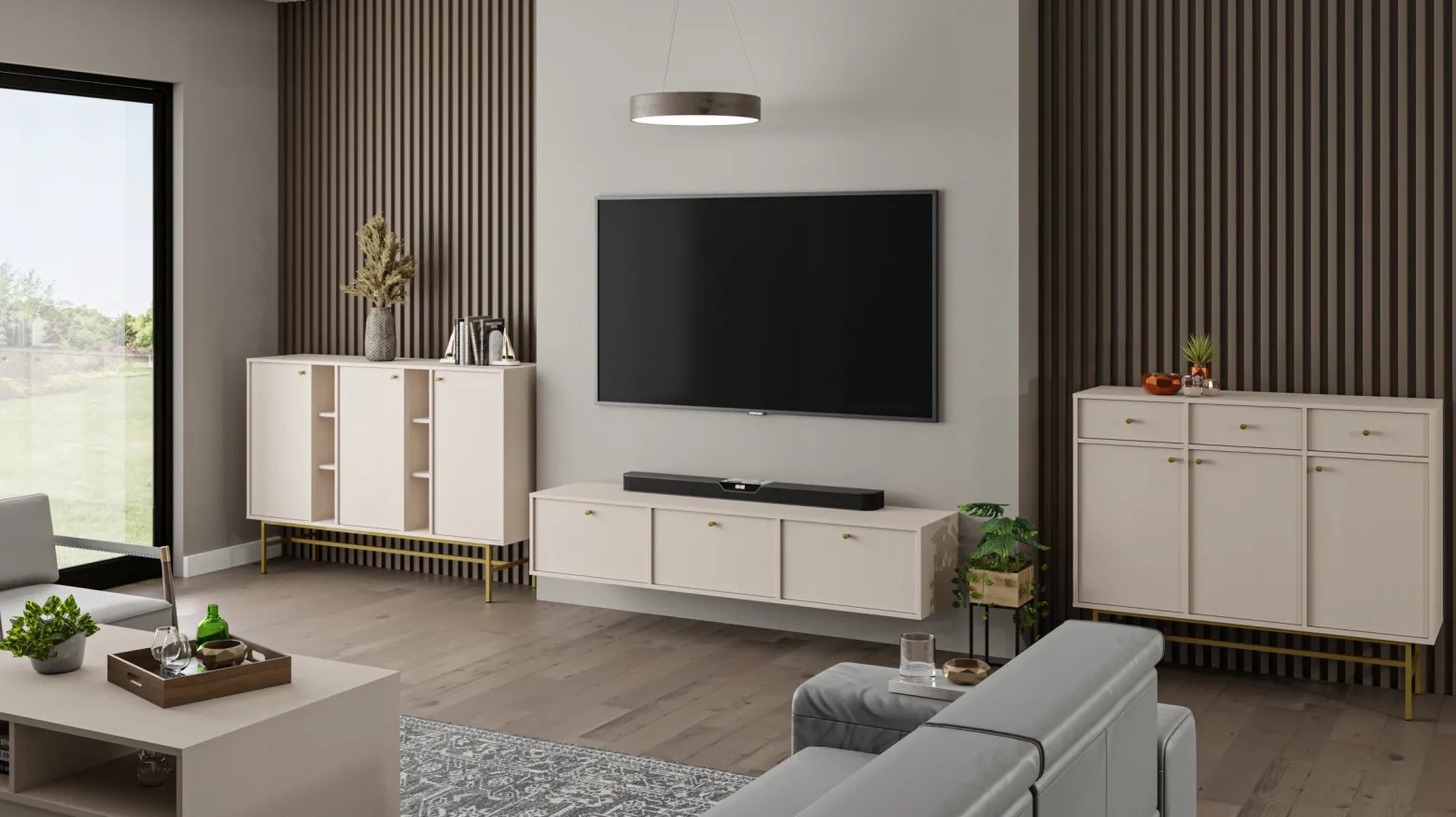 Beżowa SZAFKA RTV 180 cm AVILA Wisząca Złote Uchwyty METAL
