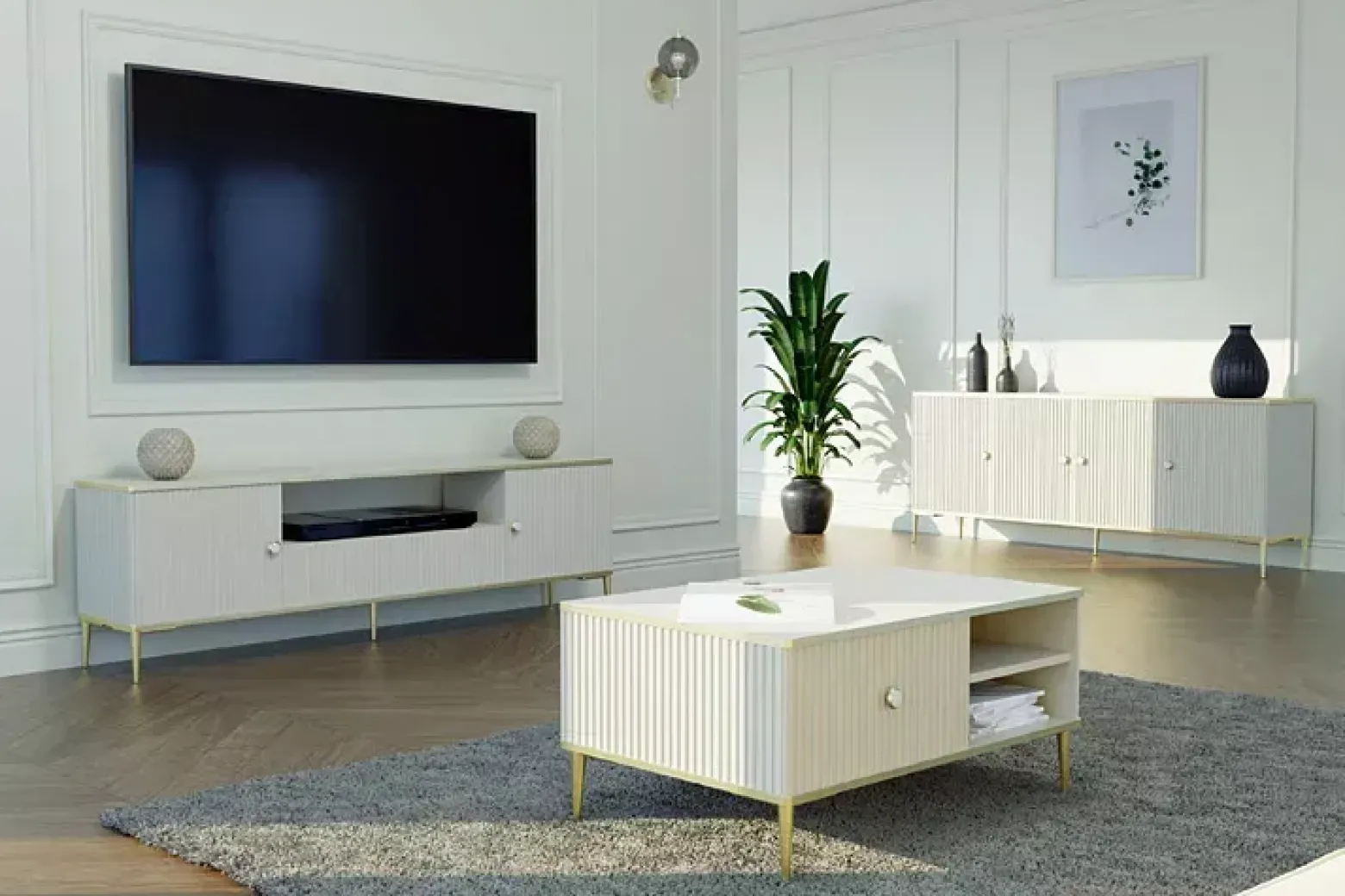 Beżowa szafka rtv z lamelami na froncie - Avro