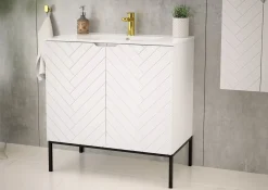 Biała ryflowana szafka z umywalką 80 cm ASPEN-08-BM czarny stelaż