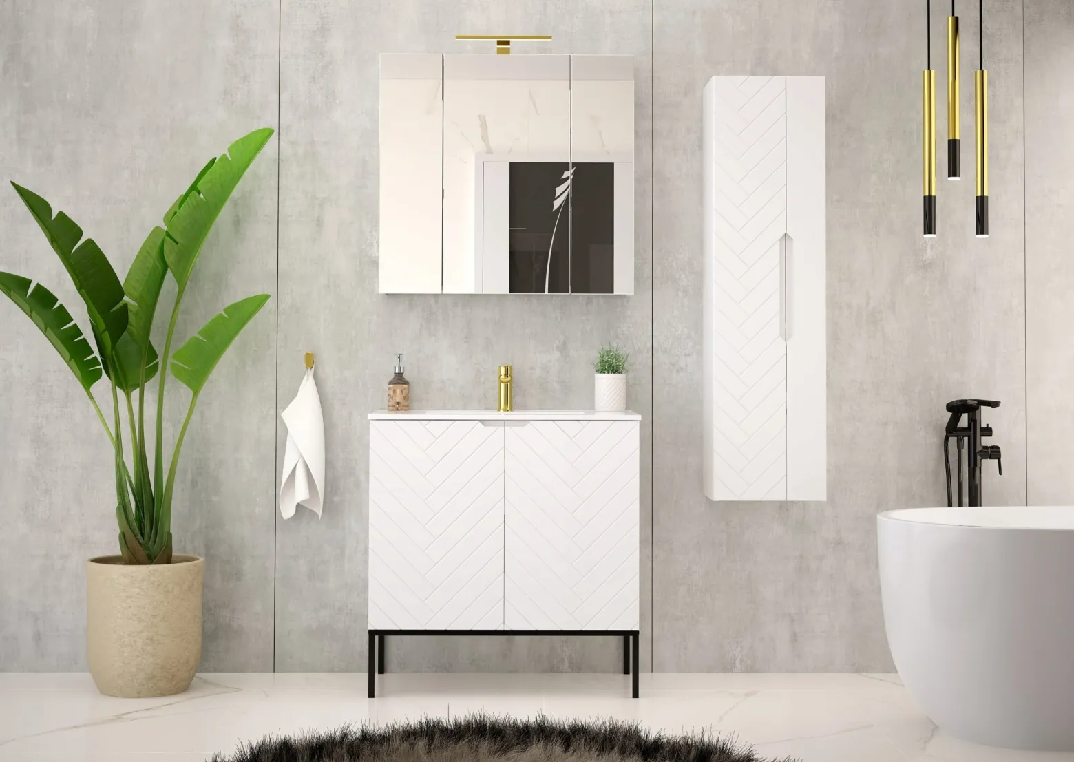 Biała ryflowana szafka z umywalką 80 cm ASPEN-08-BM czarny stelaż