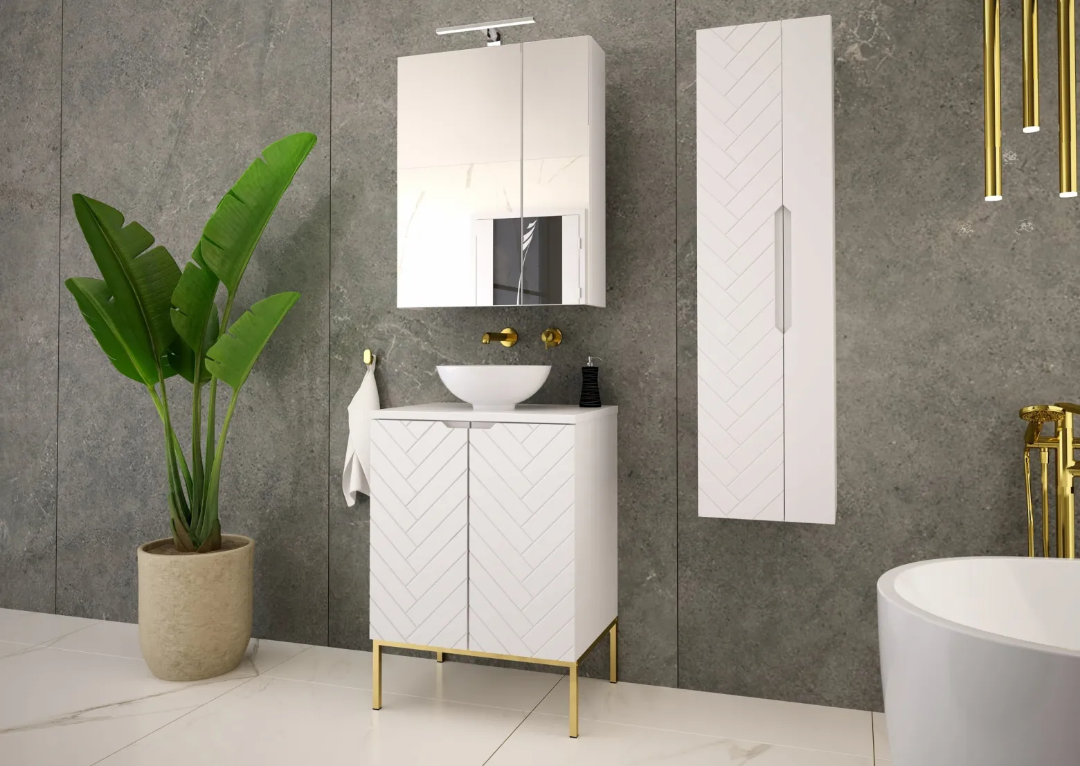 Biała ryflowana szafka z umywalką i blatem 60 cm ASPEN-09-BM złoty stelaż