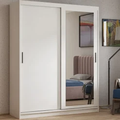 Biała szafa przesuwna z lustrem 120 cm i drążkiem HARON