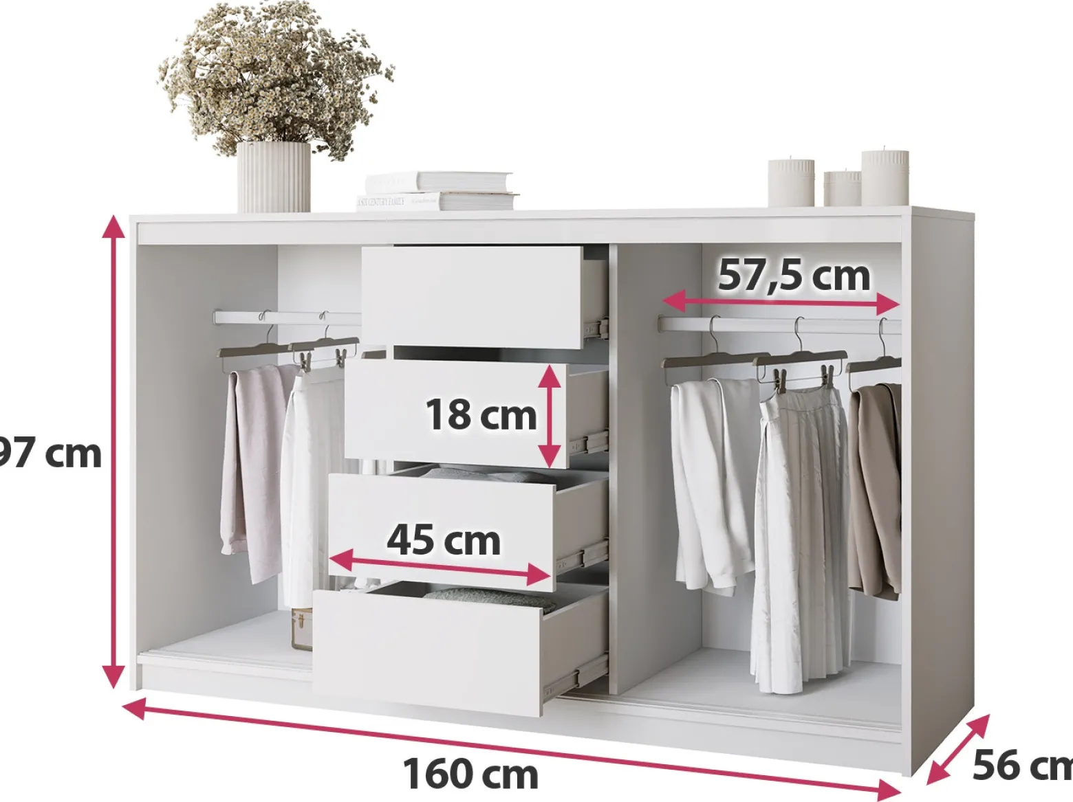 Biała komoda przesuwna z szufladami 160 cm VITA