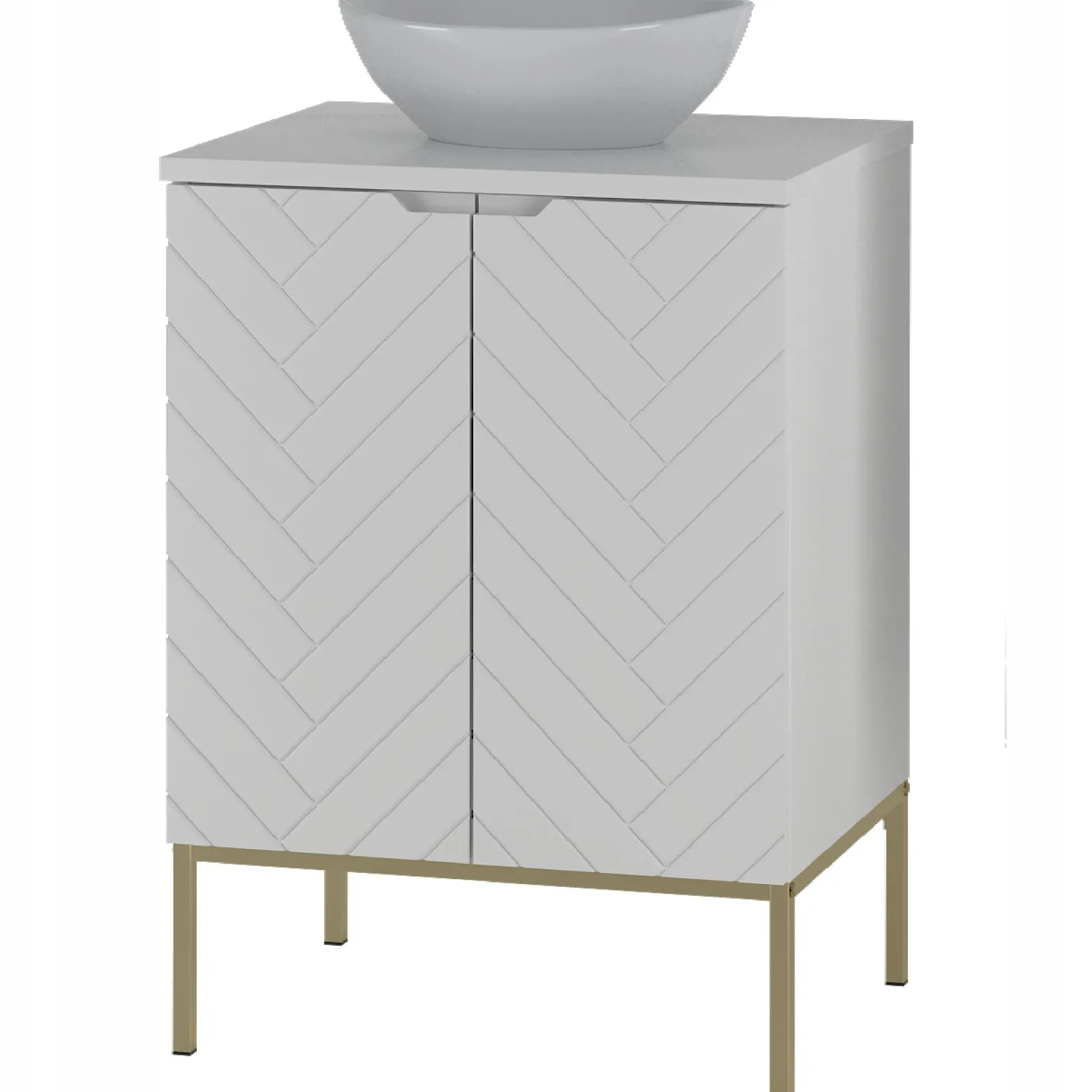 Biała ryflowana szafka z umywalką i blatem 60 cm ASPEN-09-BM złoty stelaż