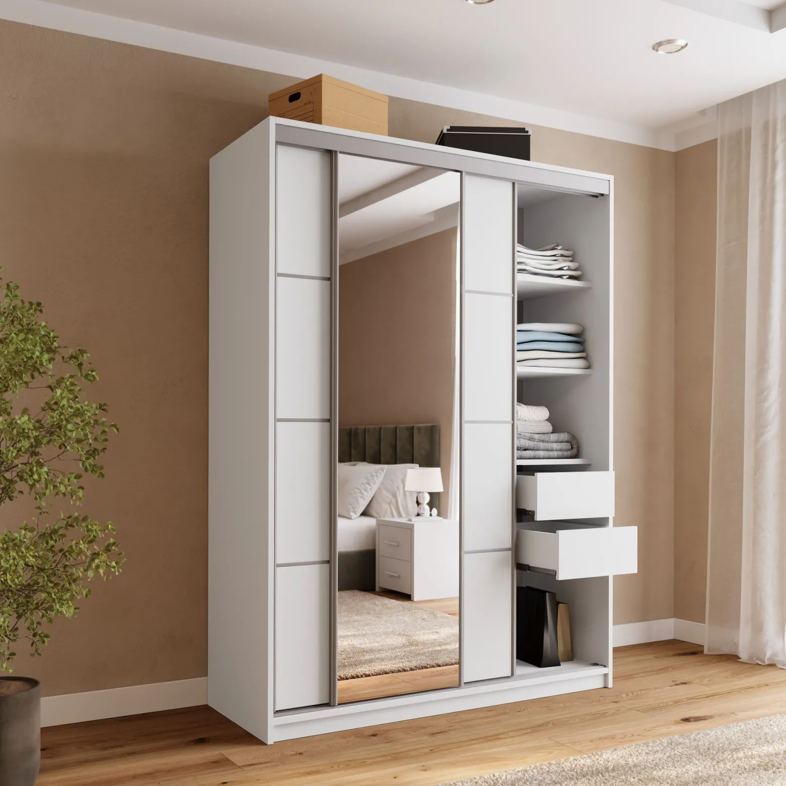Biała szafa przesuwna z lustrem 150 cm TOP