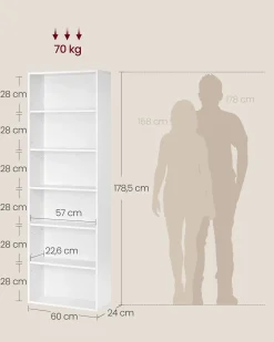 Biały regał na książki 6 półek 178 5 cm 60x24 cm regulowane półki matowy
