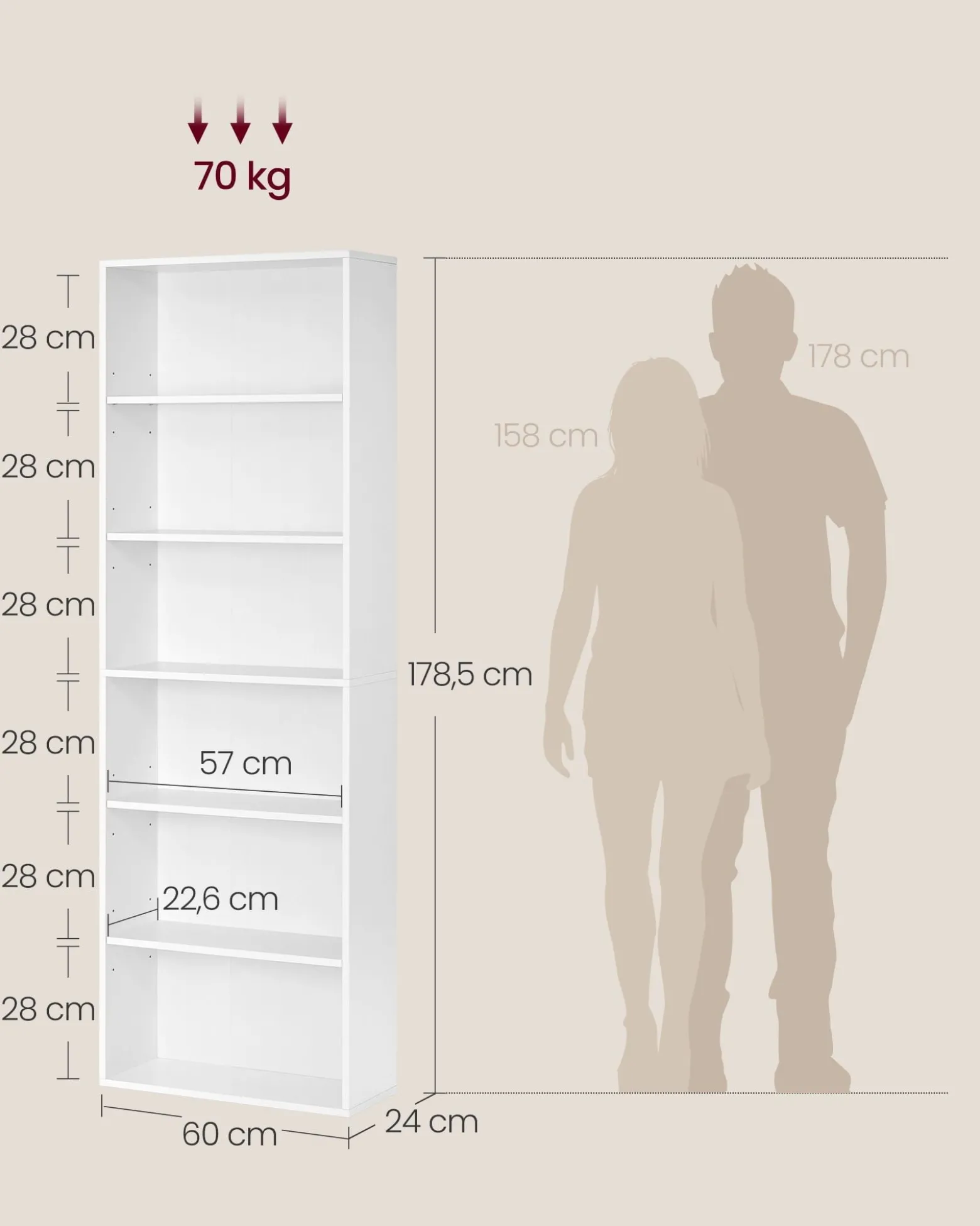 Biały regał na książki 6 półek 178 5 cm 60x24 cm regulowane półki matowy