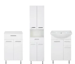 Biały Zestaw do Łazienki 55cm Szafka z Umywalką Słupek 50cm Komoda