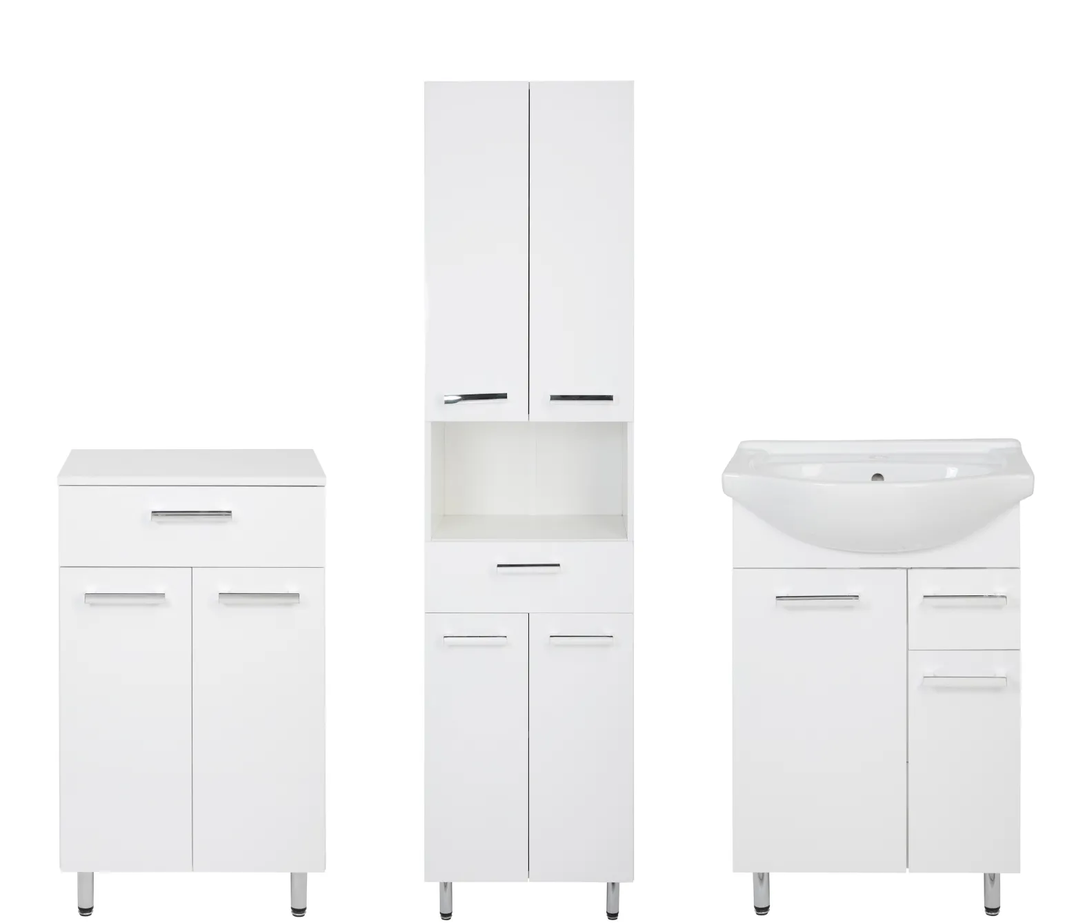 Biały Zestaw do Łazienki 55cm Szafka z Umywalką Słupek 50cm Komoda