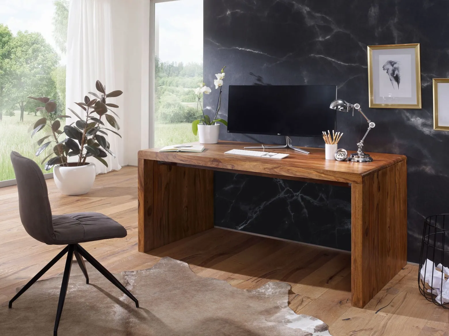 Biurko z Drewna Sheesham Ciemnobrązowe Stół do Home-Office Komputerowe