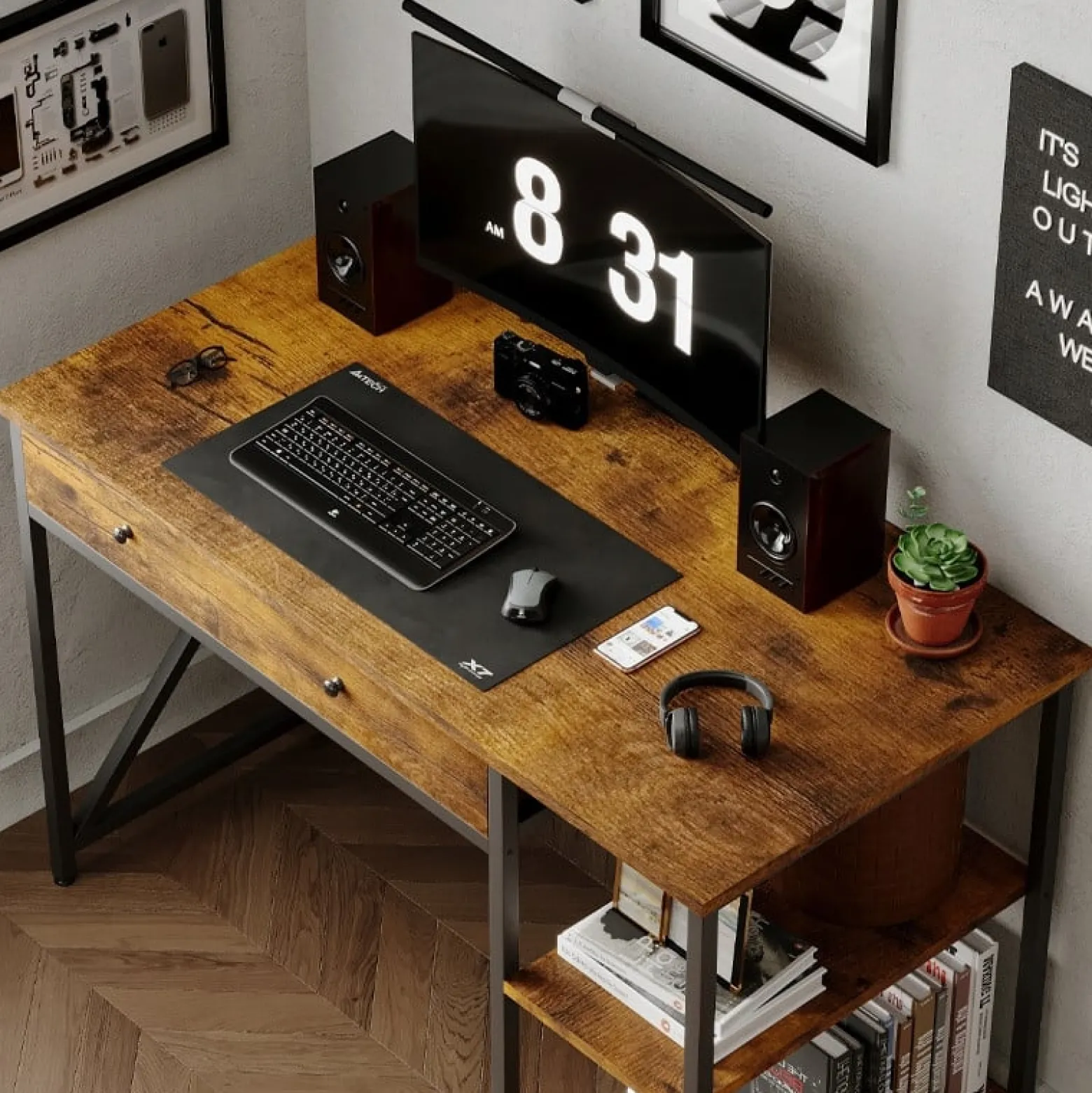 Biurko komputerowe loft industrialne rustykalny brąz z szufladą I półkami
