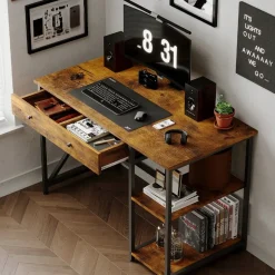 Biurko komputerowe loft industrialne rustykalny brąz z szufladą I półkami
