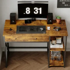 Biurko komputerowe loft industrialne rustykalny brąz z szufladą I półkami