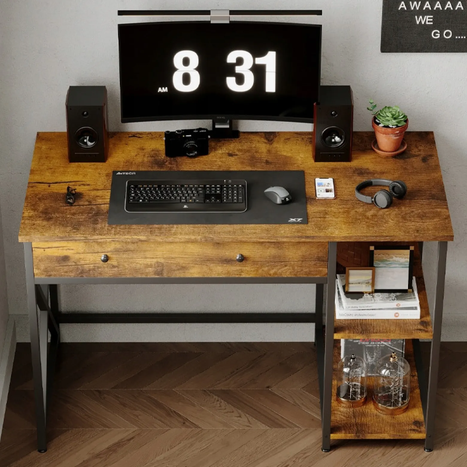 Biurko komputerowe loft industrialne rustykalny brąz z szufladą I półkami