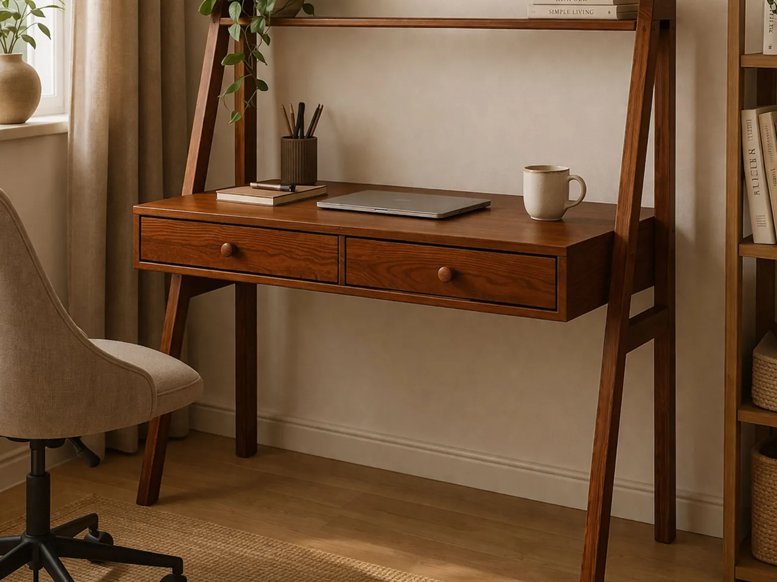 Biurko Shelf drewniane z półką, kolor kasztan
