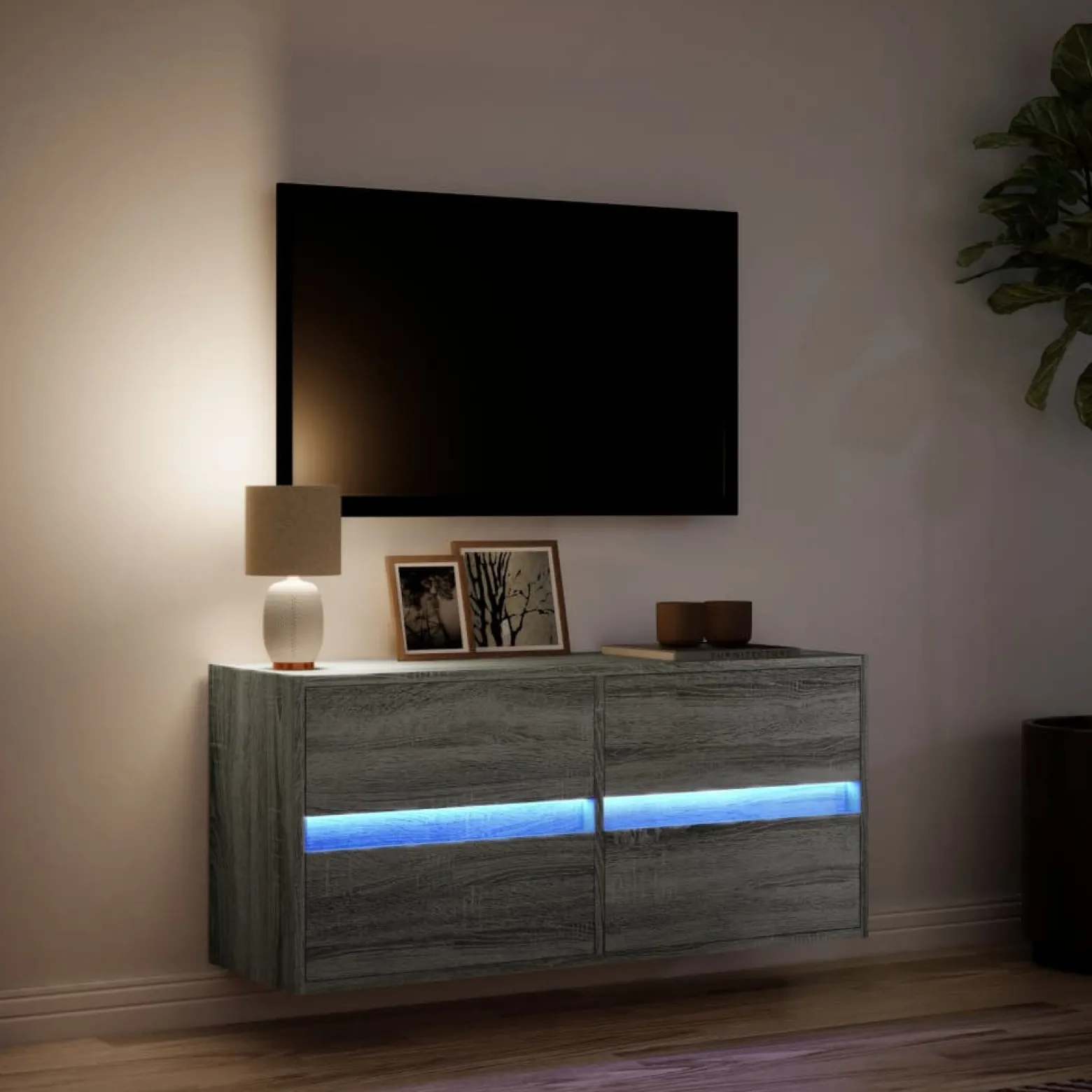 Ścienna szafka TV z LED szary dąb sonoma 100x31x45 cm