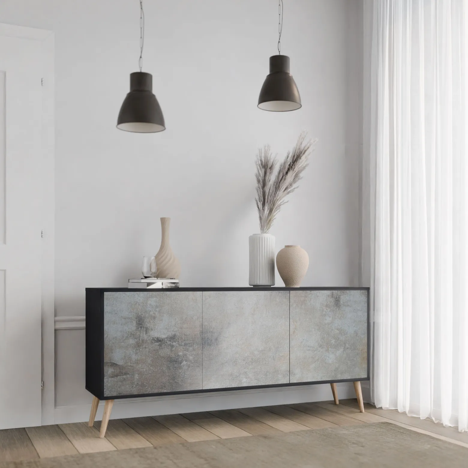 CONCRETE WALL Komoda 3 drzwi Czarna-Bukowa skośna