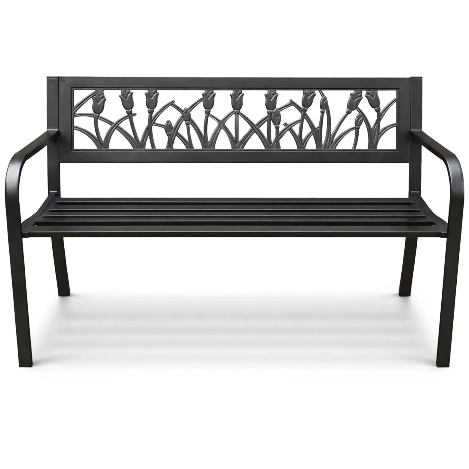 Czarna ławka ogrodowa LISSA ze stalowymi nogami szerokość 124 cm