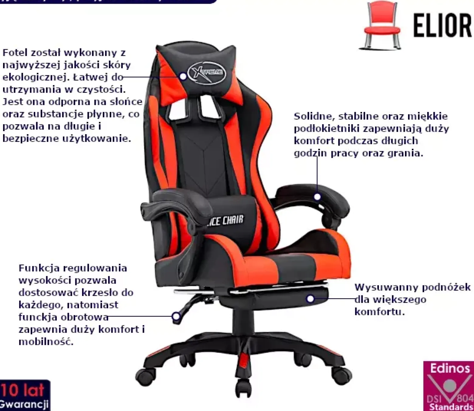 Czarno-czerwone fotel gamingowy z podnóżkiem - Arvola 7X