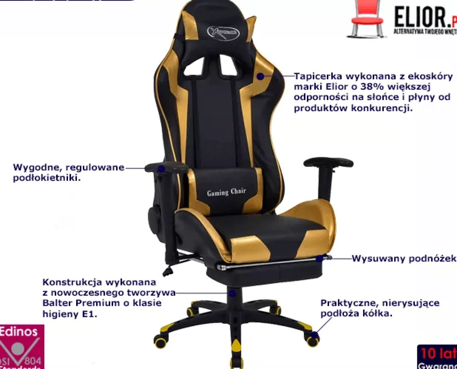 Czarno-złoty fotel gamingowy regulowany - Gilvo