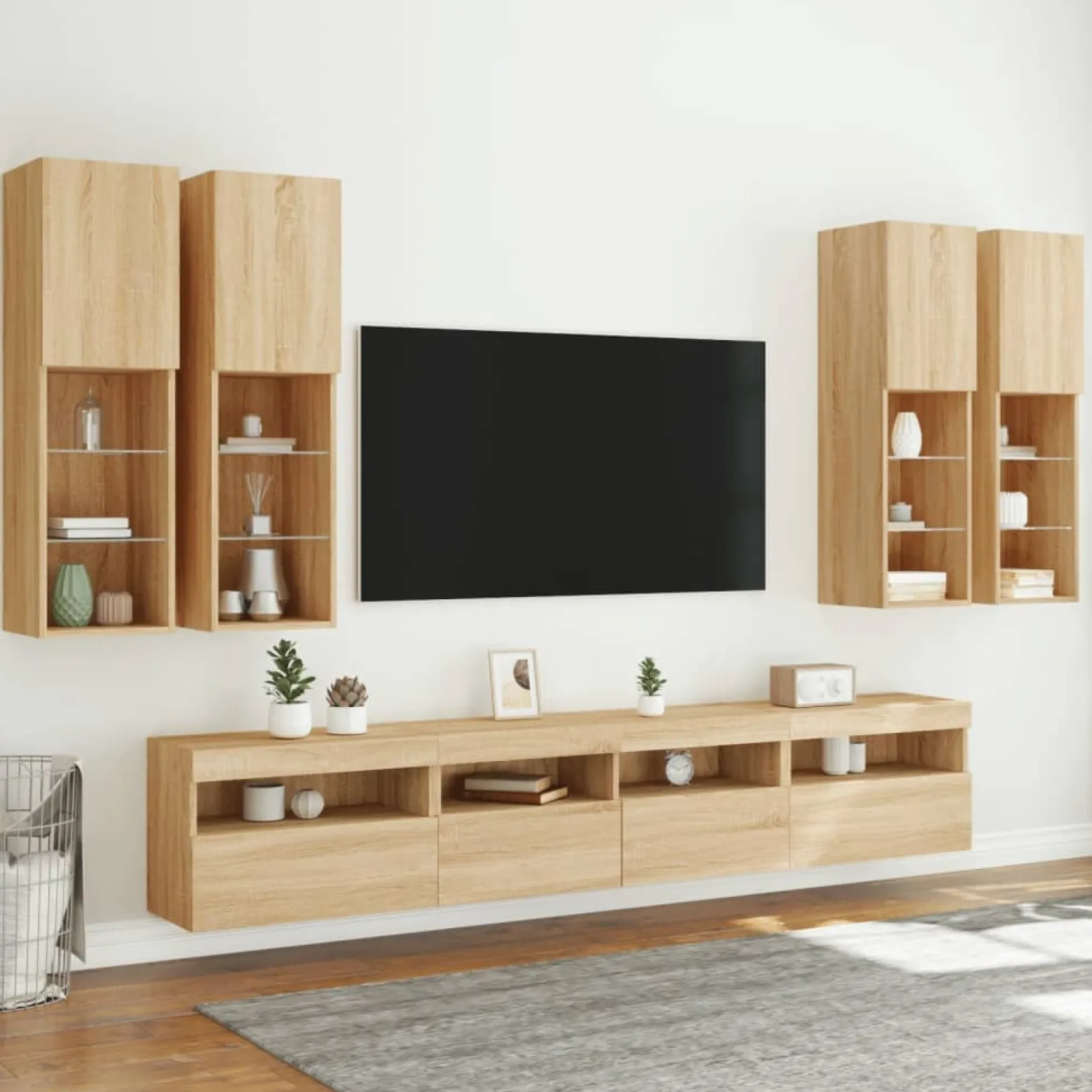 7-cz. zestaw ściennych szafek TV z oświetleniem LED dąb sonoma