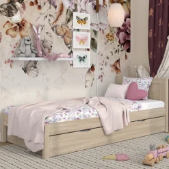 Dębowe łóżko pojedyncze z szufladą na materac N02
