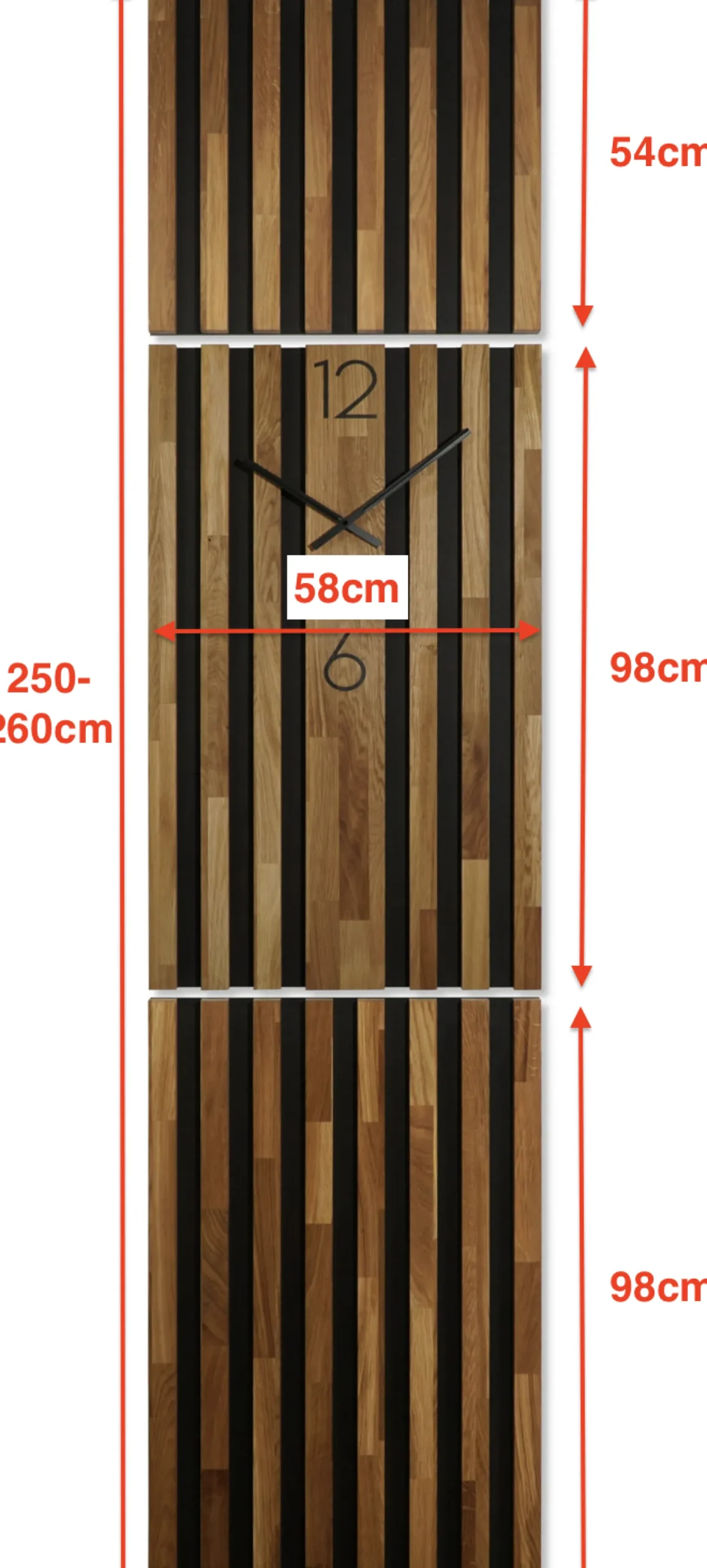 Dębowy panel ścienny Zegar w Lamelach 250x58cm