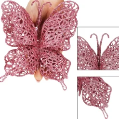 Dekoracja świąteczna motyl brokatowy zawieszka różowa