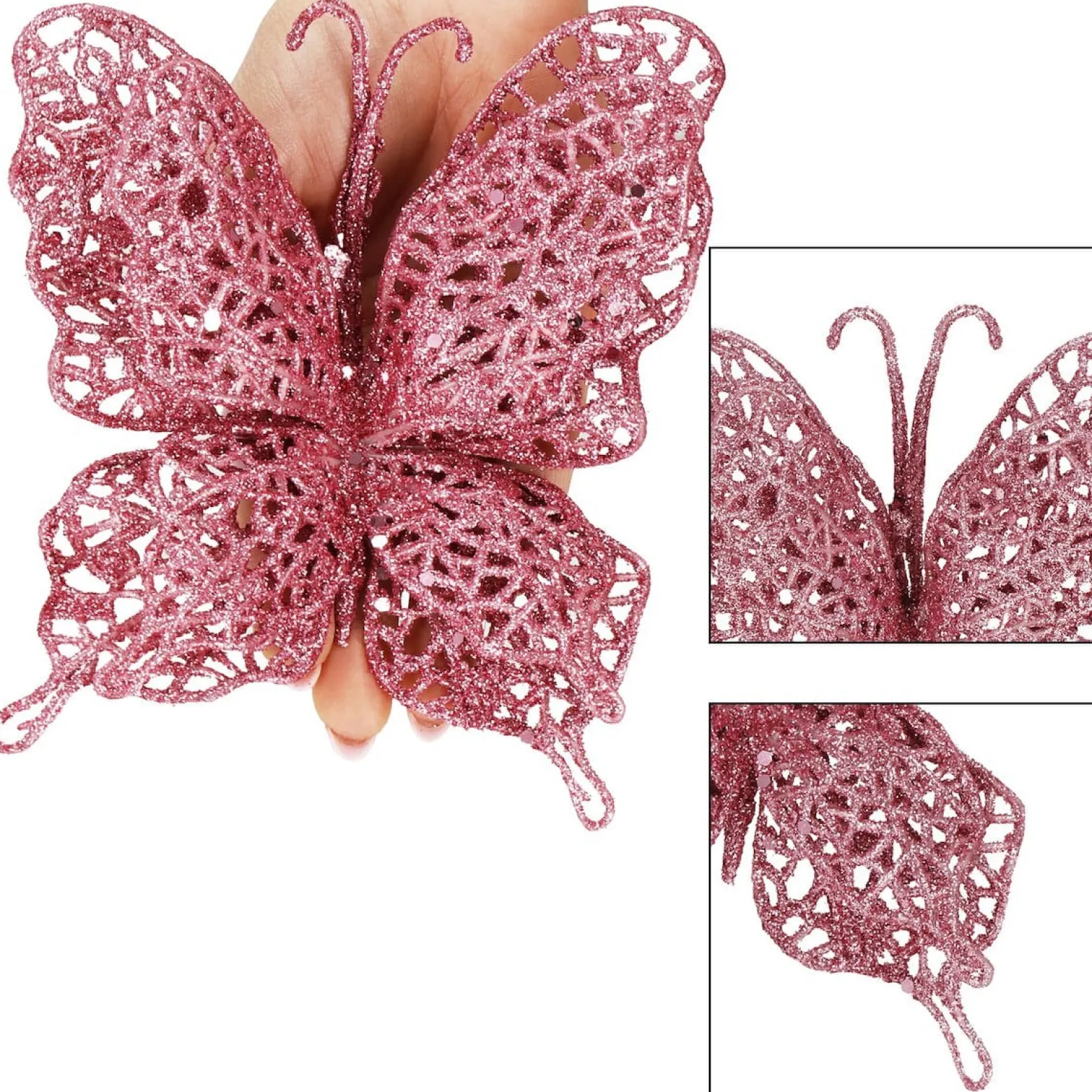 Dekoracja świąteczna motyl brokatowy zawieszka różowa