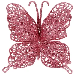 Dekoracja świąteczna motyl brokatowy zawieszka różowa