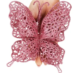 Dekoracja świąteczna motyl brokatowy zawieszka różowa