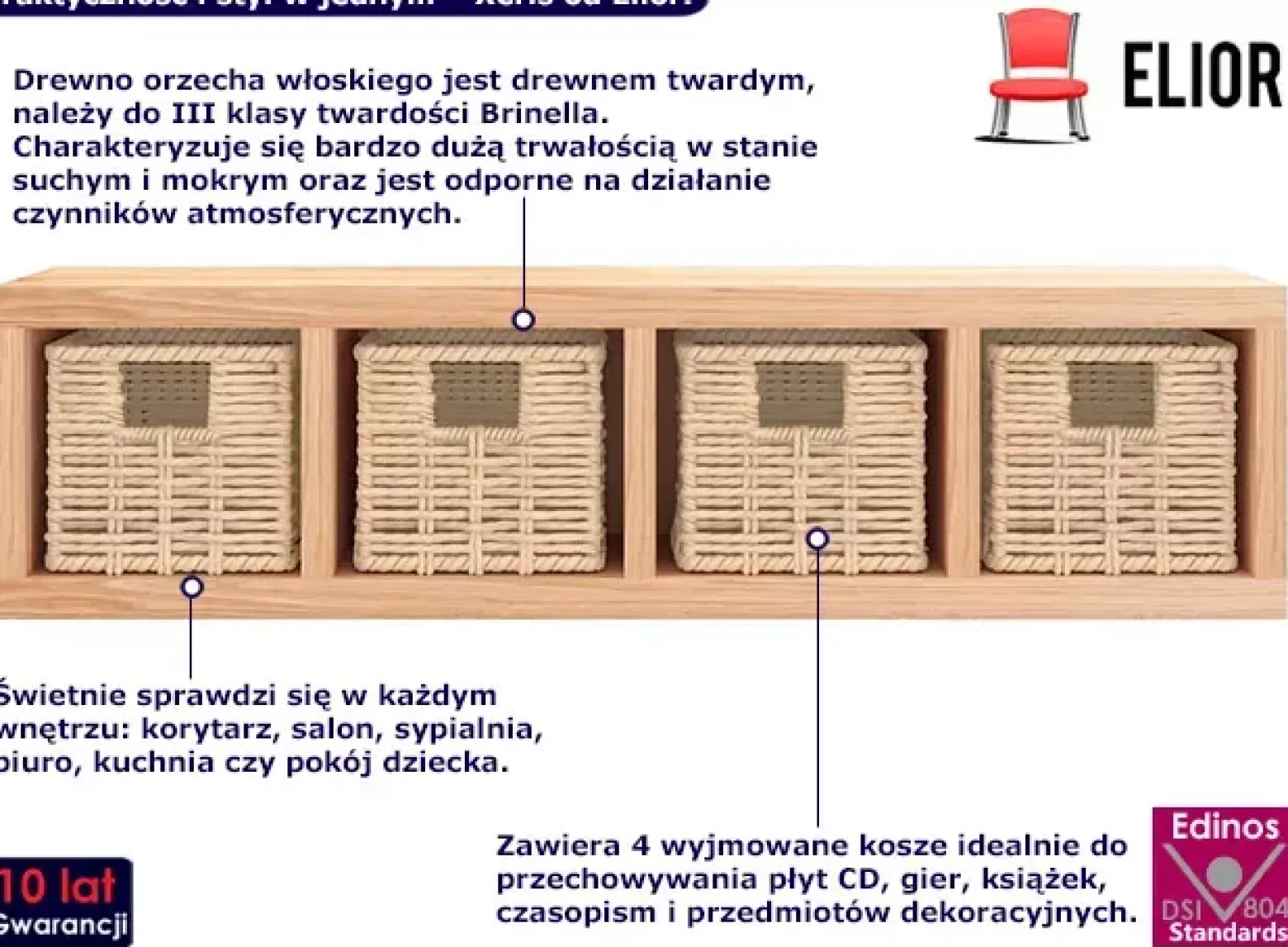 Drewniana półka ścienna z 4 koszami - Nalo