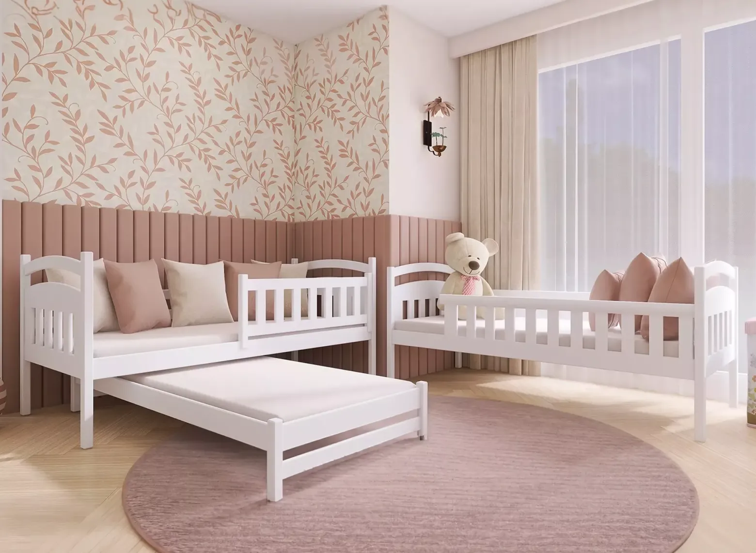 Drewniane łóżko piętrowe z szufladami i trzecim łóżkiem BLANKA 80x160 sosna