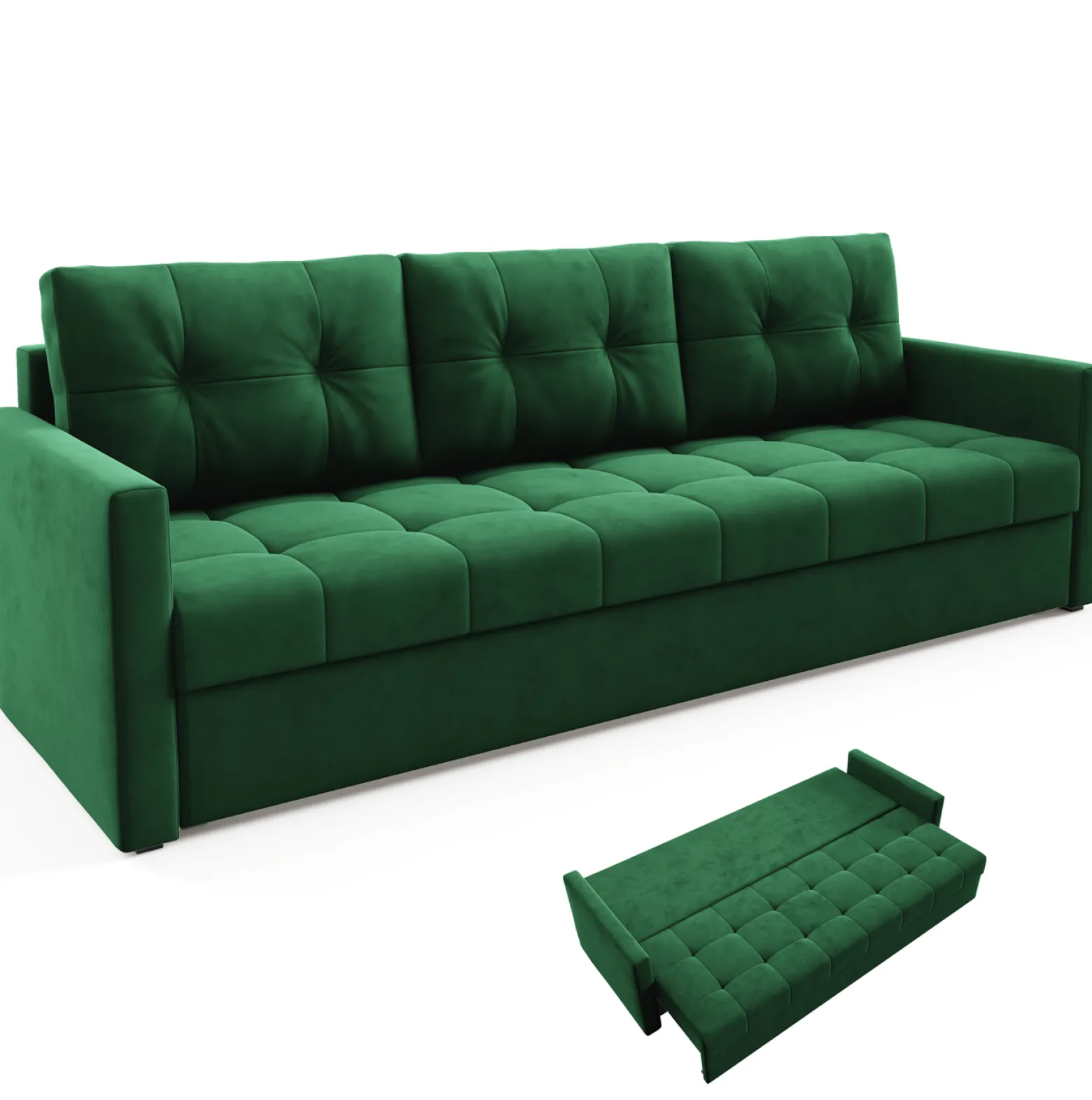 Elegancka sofa OLIVIA 230 cm z funkcją spania pikowana Zielona bonell