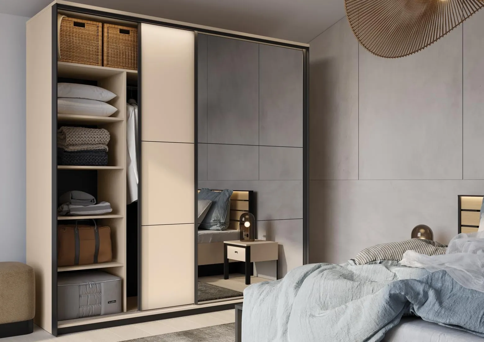 Elegancka szafa przesuwna beżowa 250 cm z dużym lustrem ELLA
