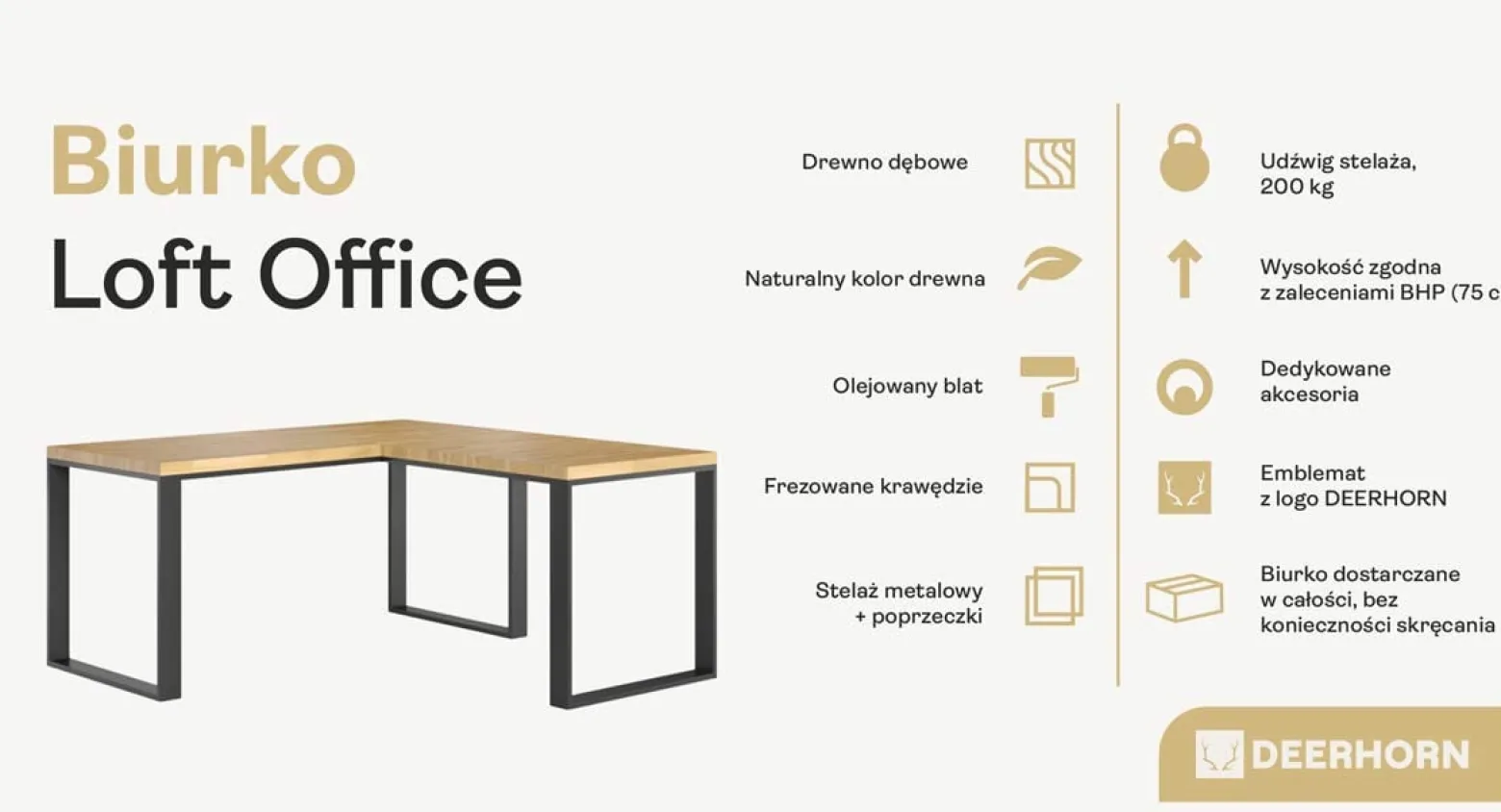 Ergonomiczne Biurko Narożne Dąb Czarny - Loft Office 180x70
