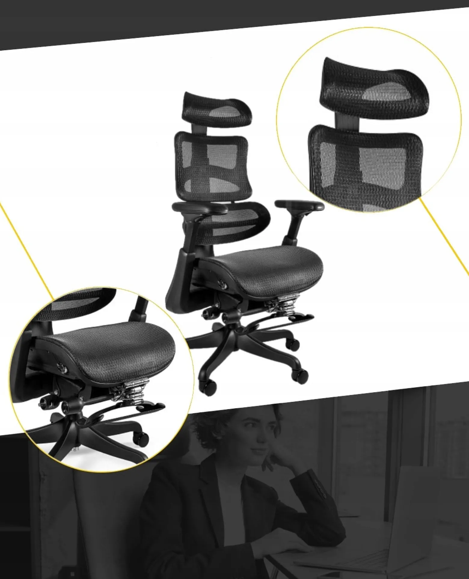 Ergonomiczny fotel ERGOTHRONE z podnóżkiem czarny siatka