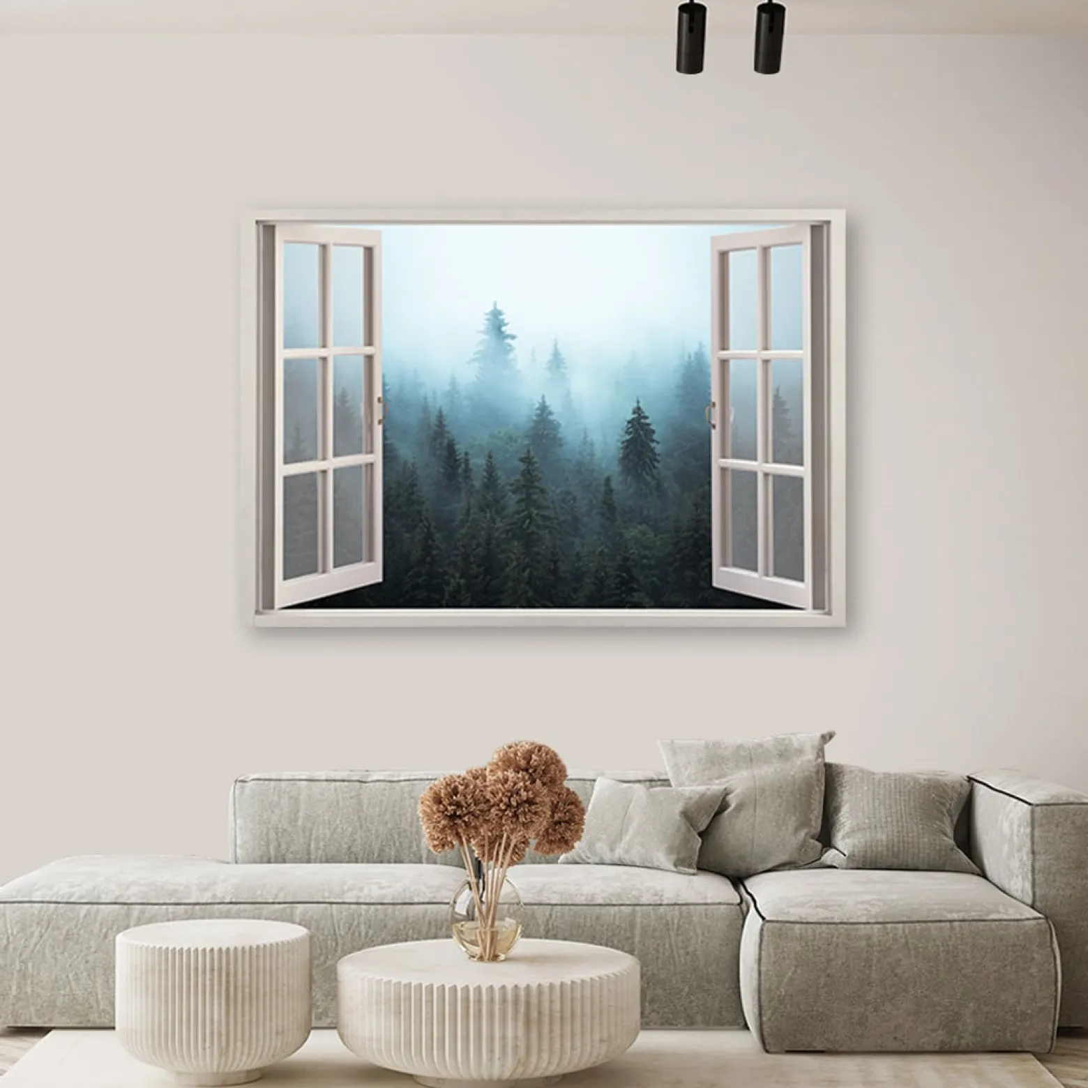 Feeby Obraz na płótnie, Okno widok Las we mgle natura 60x40