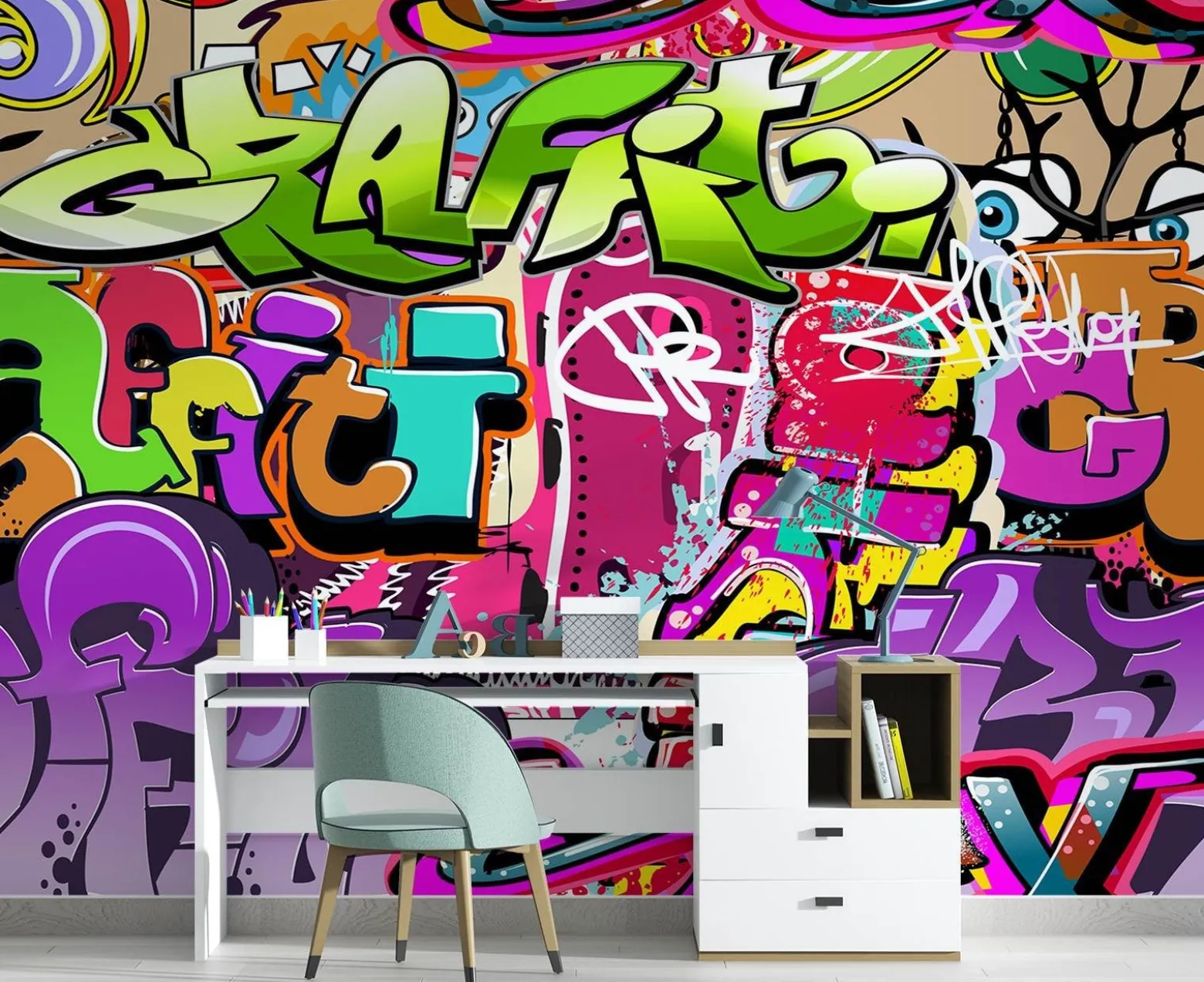 Feeby Fototapeta, Graffiti art w neonowych kolorach street art 150x105
