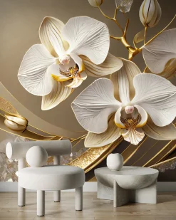 Feeby Fototapeta, Złota Orchidea Kwiat 3D 150x105