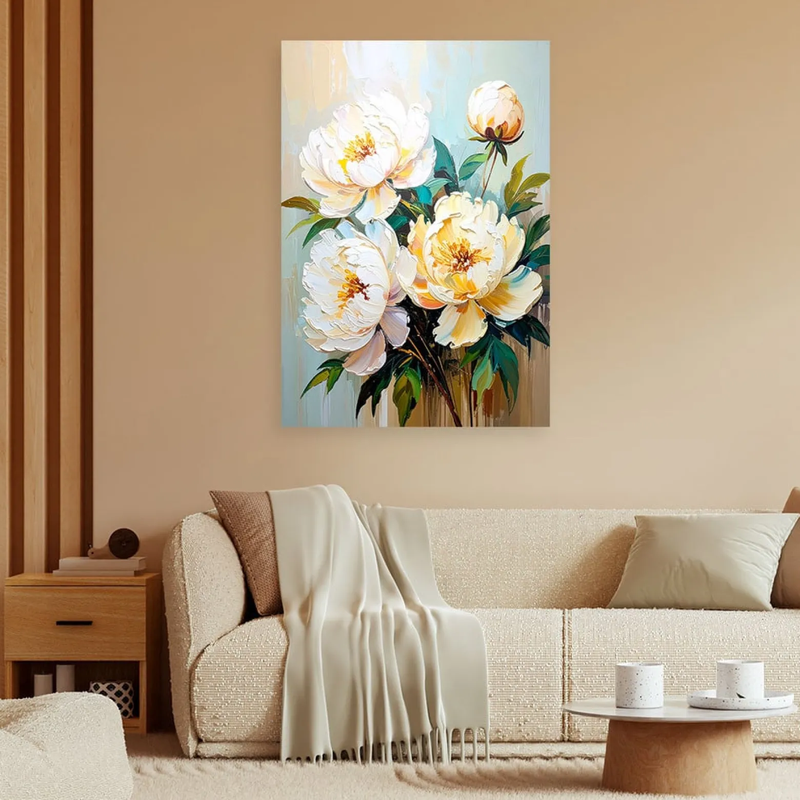Feeby Obraz do salonu sypialni, Piwonie Białe Kwiaty Bukiet 60x90