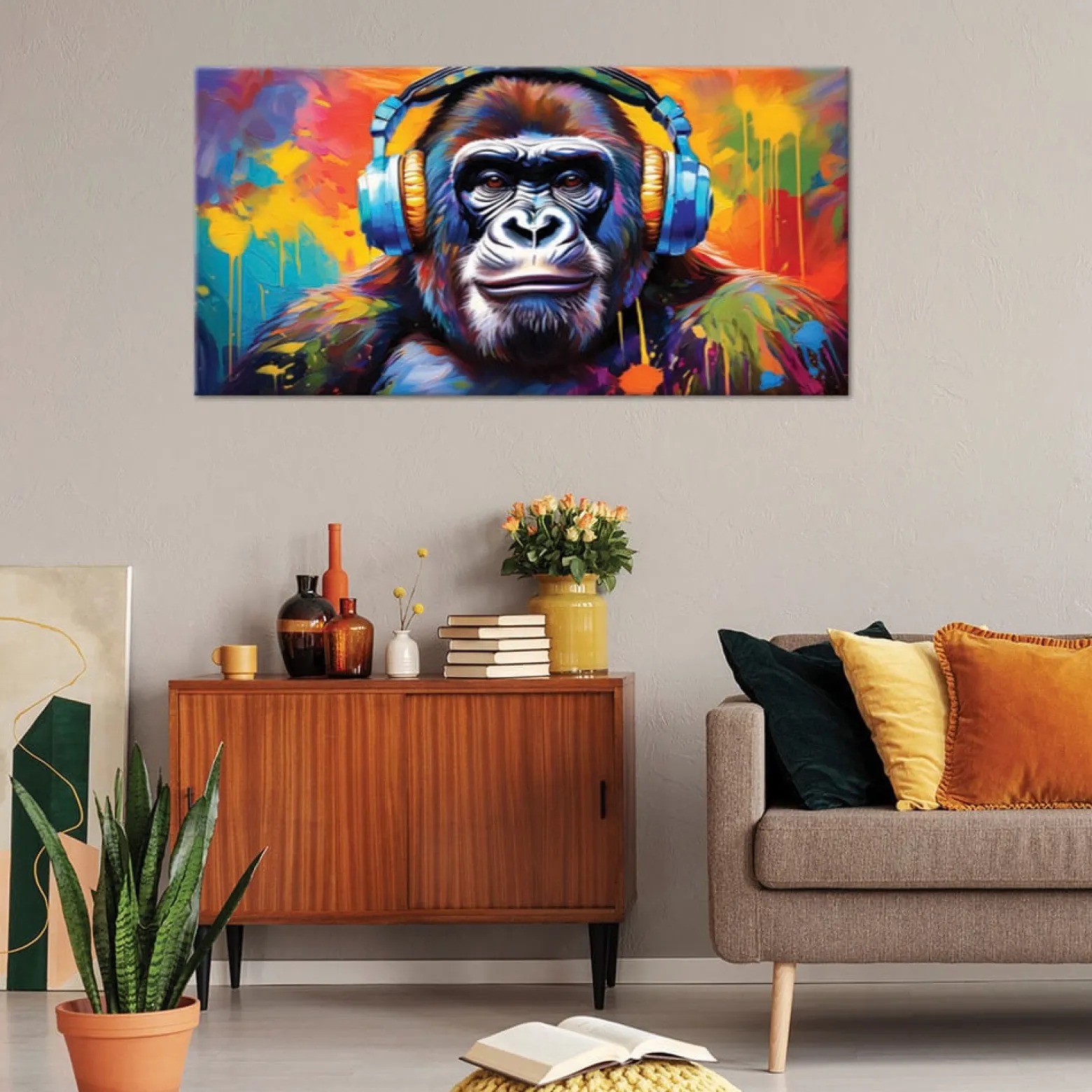 Feeby Obraz na płótnie, Kolorowa Małpa w Słuchawkach 120x60