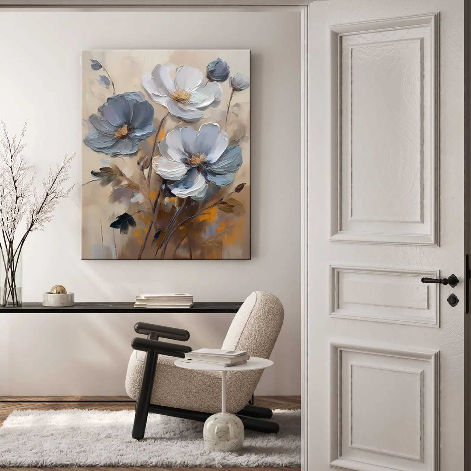 Feeby Obraz na płótnie, Malowany Kwiat Szary Beżowy 60x90