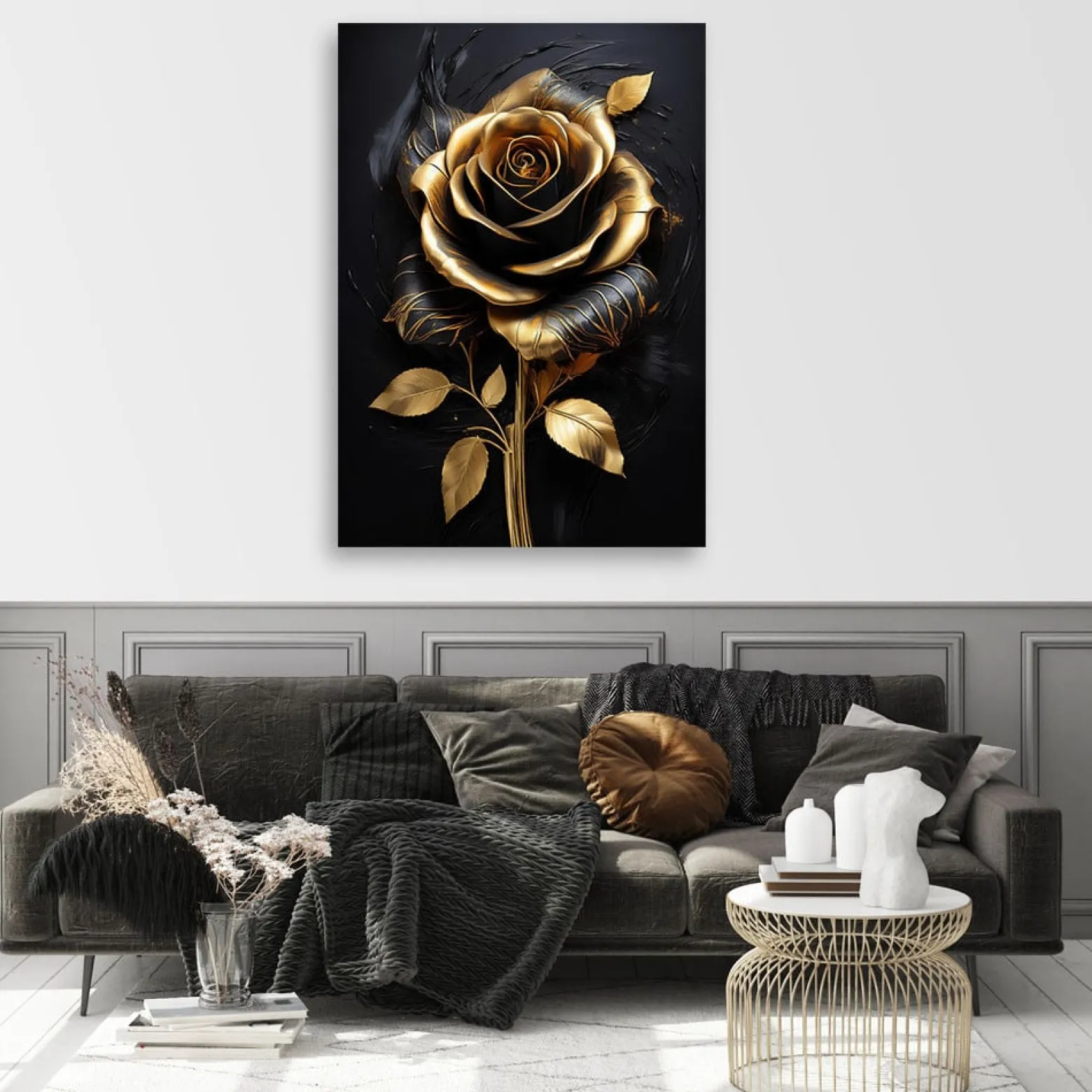 Feeby Obraz na płótnie, Róża Kwiat Złoto Czarny Glamour 40x60