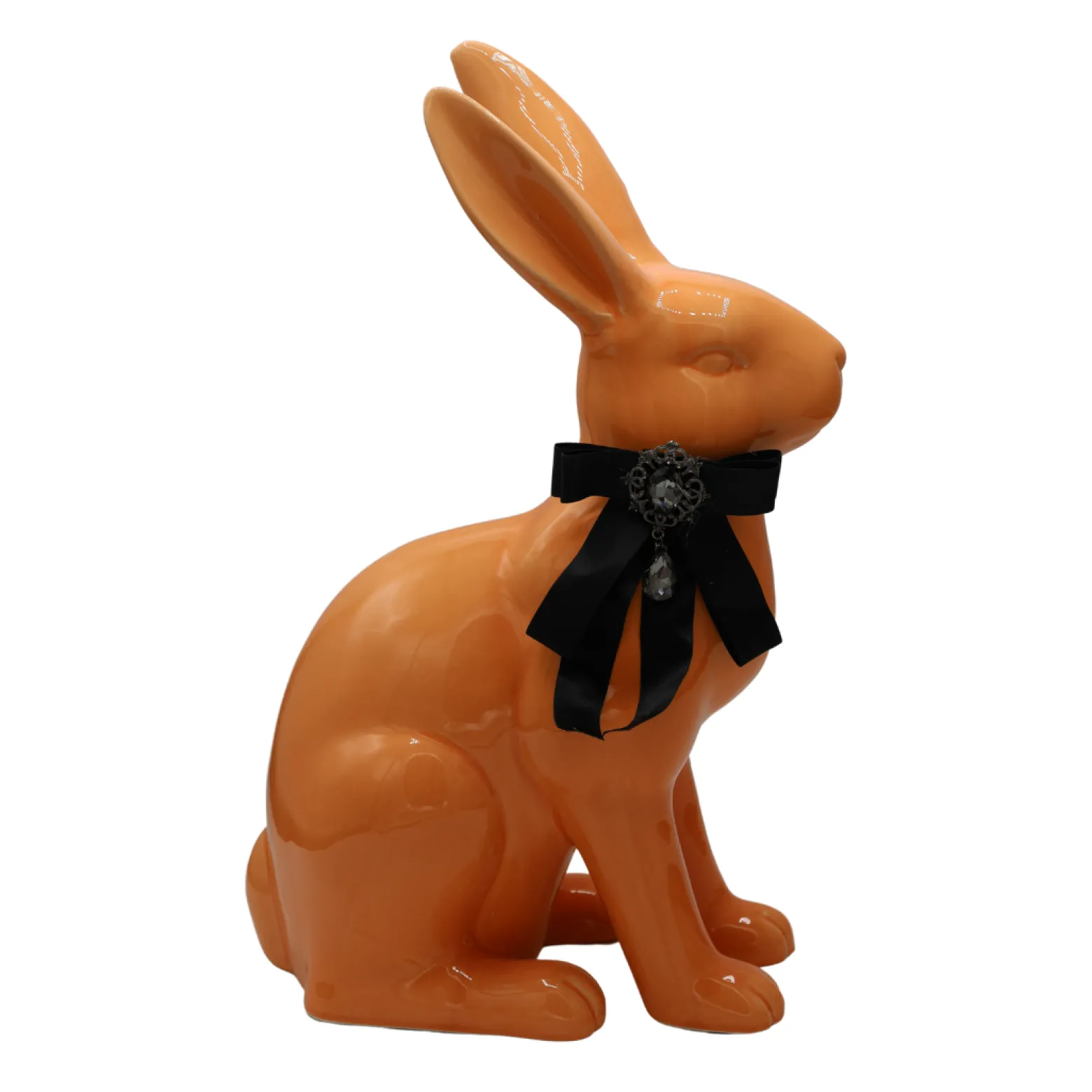 Figurka - morelowy królik z kokardą 37x23x13,5 cm z broszką i koralikiem