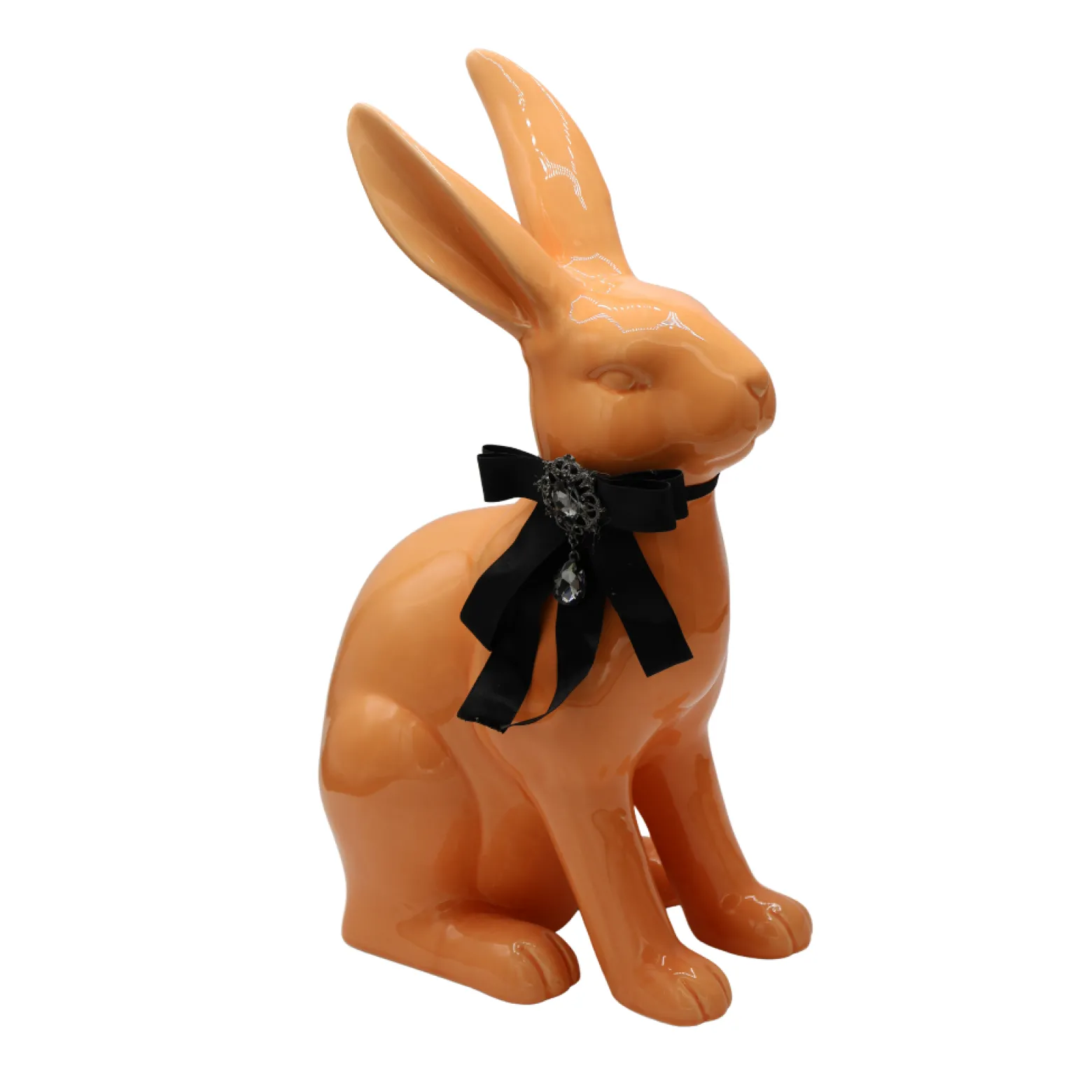 Figurka - morelowy królik z kokardą 37x23x13,5 cm z broszką i koralikiem