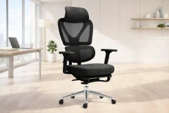 Fotel biurowy ergonomiczny krzesło zagłówek regulacja podnóżek KB107 czarny