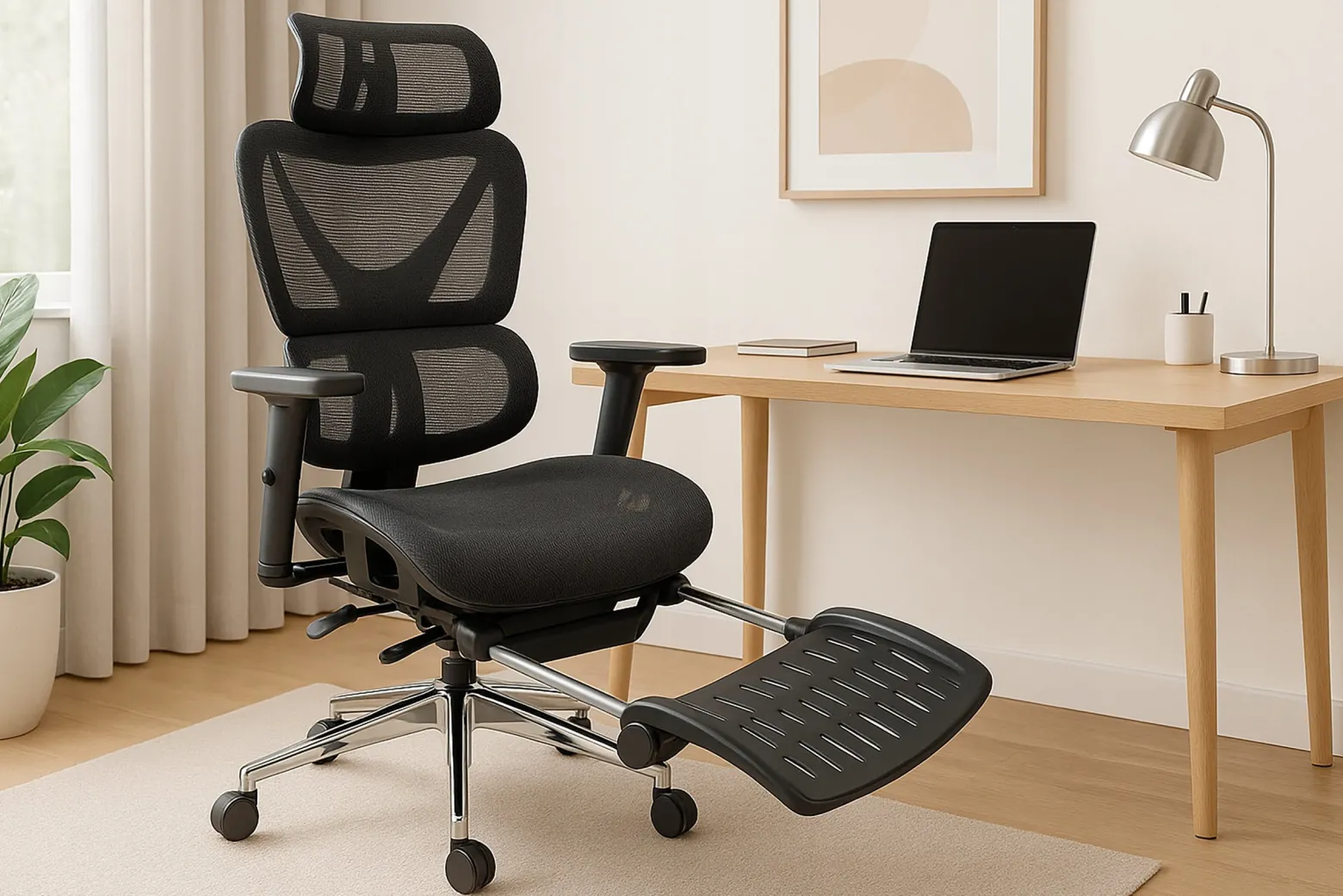 Fotel biurowy ergonomiczny krzesło zagłówek regulacja podnóżek KB106 czarny