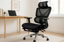 Fotel biurowy ergonomiczny krzesło zagłówek regulacja podnóżek KB106 czarny